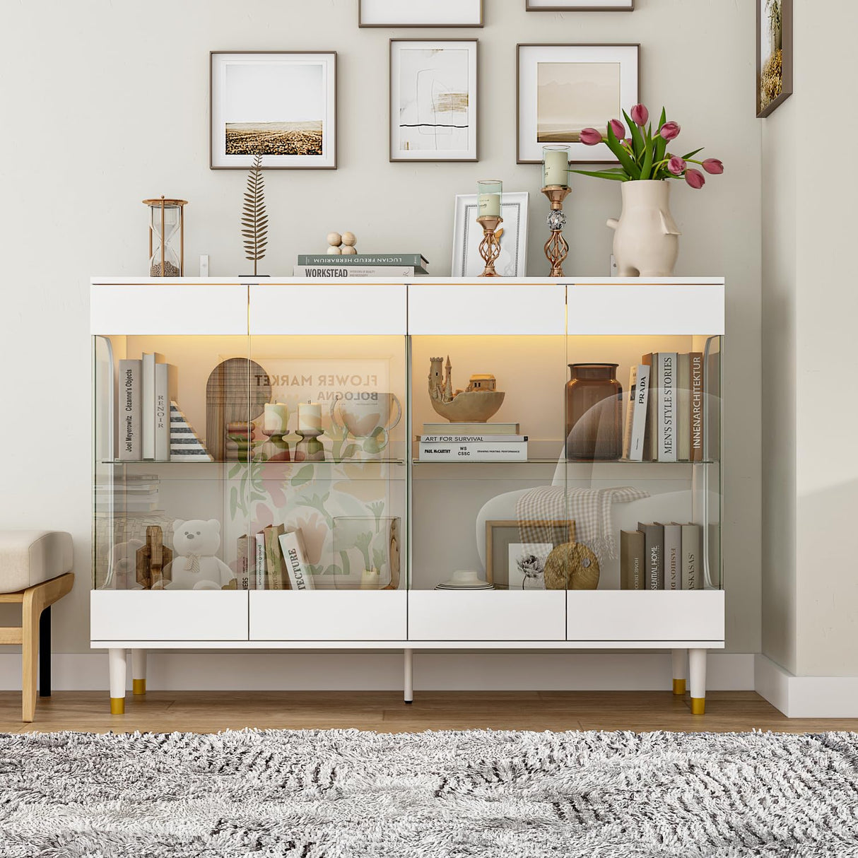 Homsee Storage Cabinet with 3-Color LED Lights, Glass Shelves & 4 Compartments, Sideboard Buffet Cabinet with Solid Legs, Modern Wood Display Cabinet for Living Room, Bedroom & Hallway, White Homsee