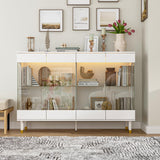 Homsee Storage Cabinet with 3-Color LED Lights, Glass Shelves & 4 Compartments, Sideboard Buffet Cabinet with Solid Legs, Modern Wood Display Cabinet for Living Room, Bedroom & Hallway, White Homsee