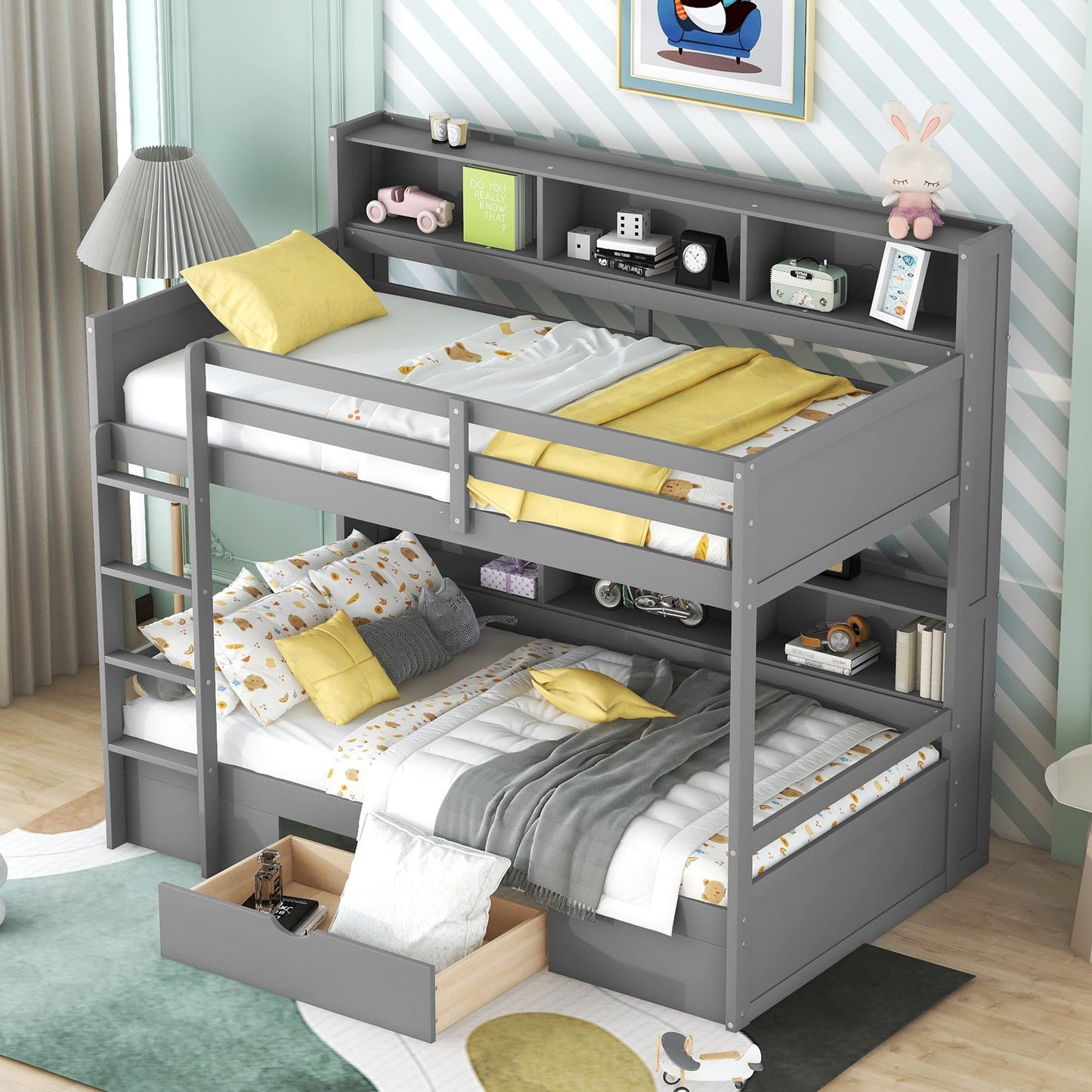 Harper & Bright Designs Twin Over Twin Bunk Bed with Storage and Shelves in Grey - WoodArtSupply