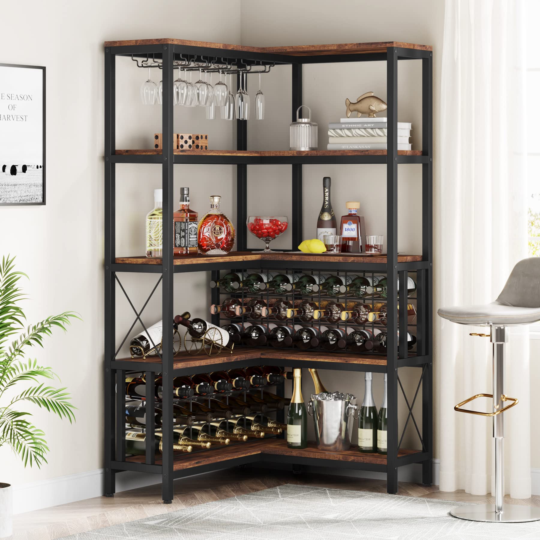 Tribesigns Large Corner Wine Rack, 5-Tier L Shaped Industrial Freestanding Floor Bar Cabinets for Liquor and Glasses Storage, Wooden Wine Bottle Holder Shelf for Home Kitchen (Rustic Brown) - WoodArtSupply