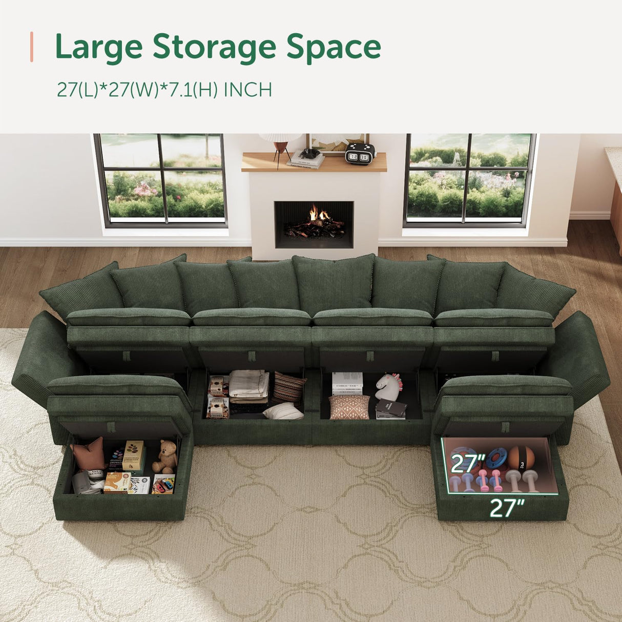 HONBAY Modular Sectional Sofa, Corduroy Sectional Couches for Living Room, U Shaped Couch with Storage, Green HONBAY