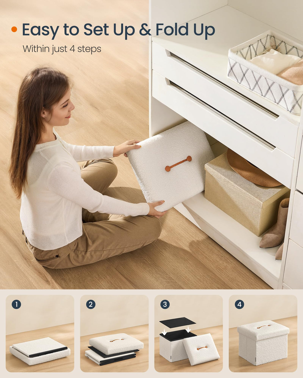 SONGMICS HOME Small Folding Storage Ottoman, Foot Rest Stool, 12.2 x 16.1 x 12.2 Inches, Ottoman with Storage, Load up to 286 lb, for Living Room, Bedroom, Dorm, Cream White ULSF094W01 SONGMICS HOME