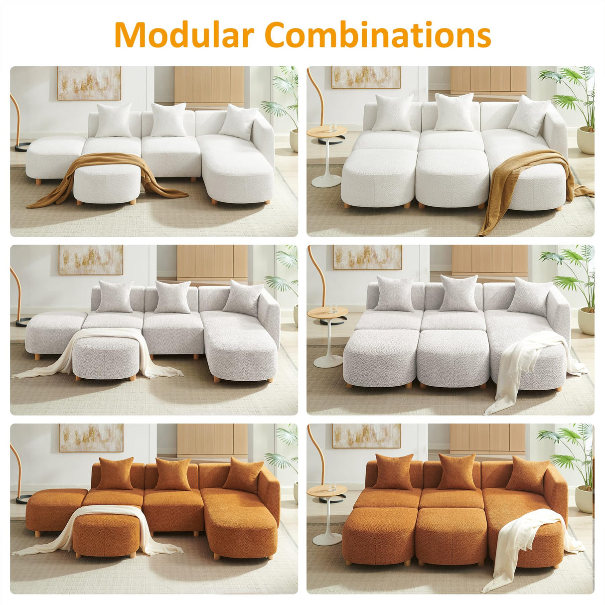 VANOMi 109.84" Modular Sectional Sofa with 3 Pillows, Convertible 5-Seater Comfy Boucle Cloud Couch with Ottoman, Modern Sectional Sofas for Living Room, Office, Apartment (Camel) VANOMi