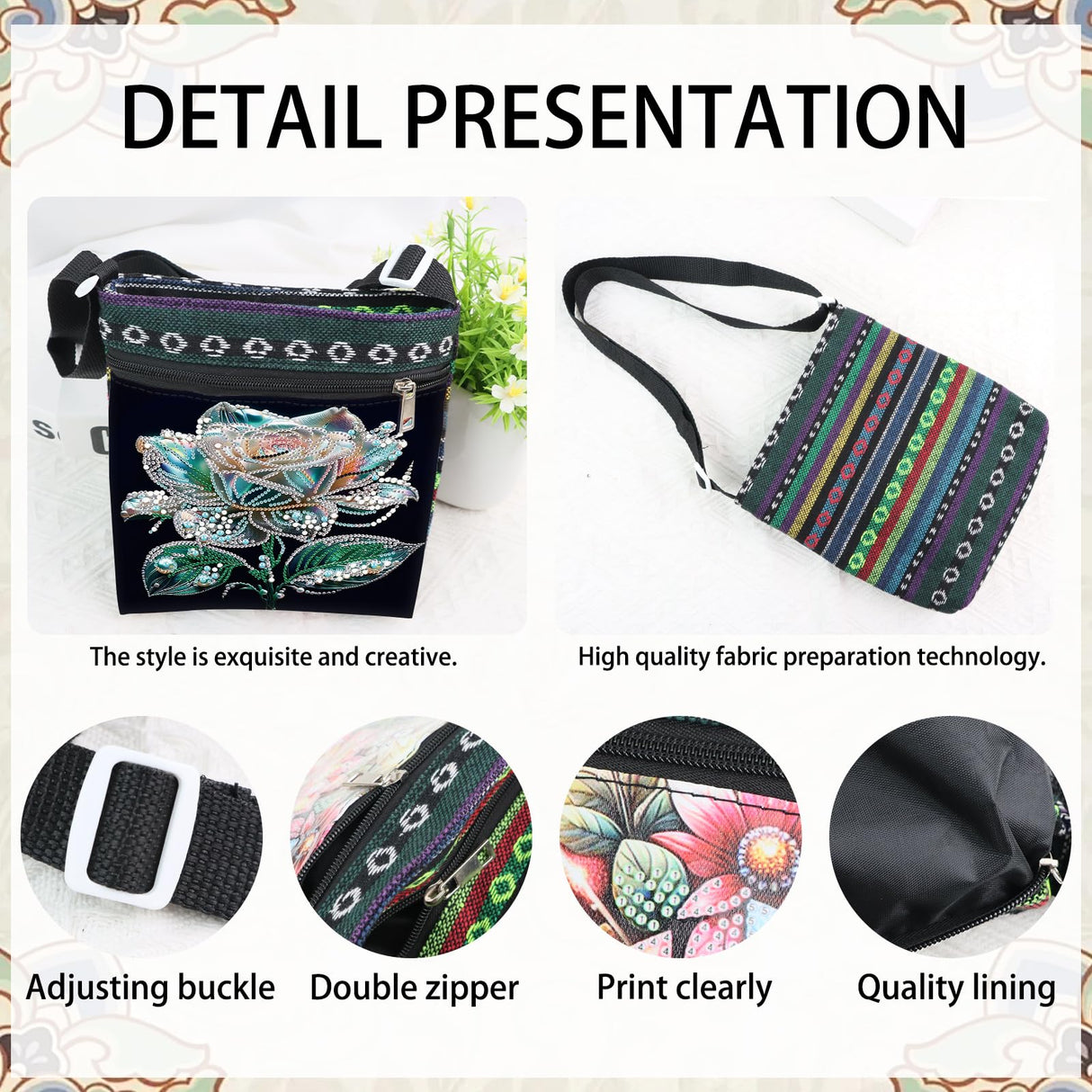 DIY Diamond Art Painting Canvas Crossbody Bag, Ethnic Style, Special Shaped Crystal Diamond Painting by Numbers Mosaic Kits Focart