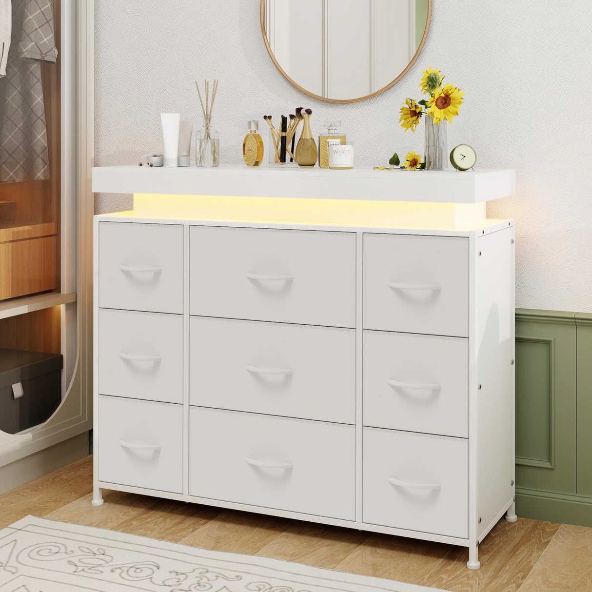 Tohomeor TV Stand 9 Drawer Dresser with Power Outlet LED Lights, Modern Chest of Drawers Fabric Drawers with PU Finish Small TV Console Table Dresser for Living Room (White, 9 Drawers) Tohomeor