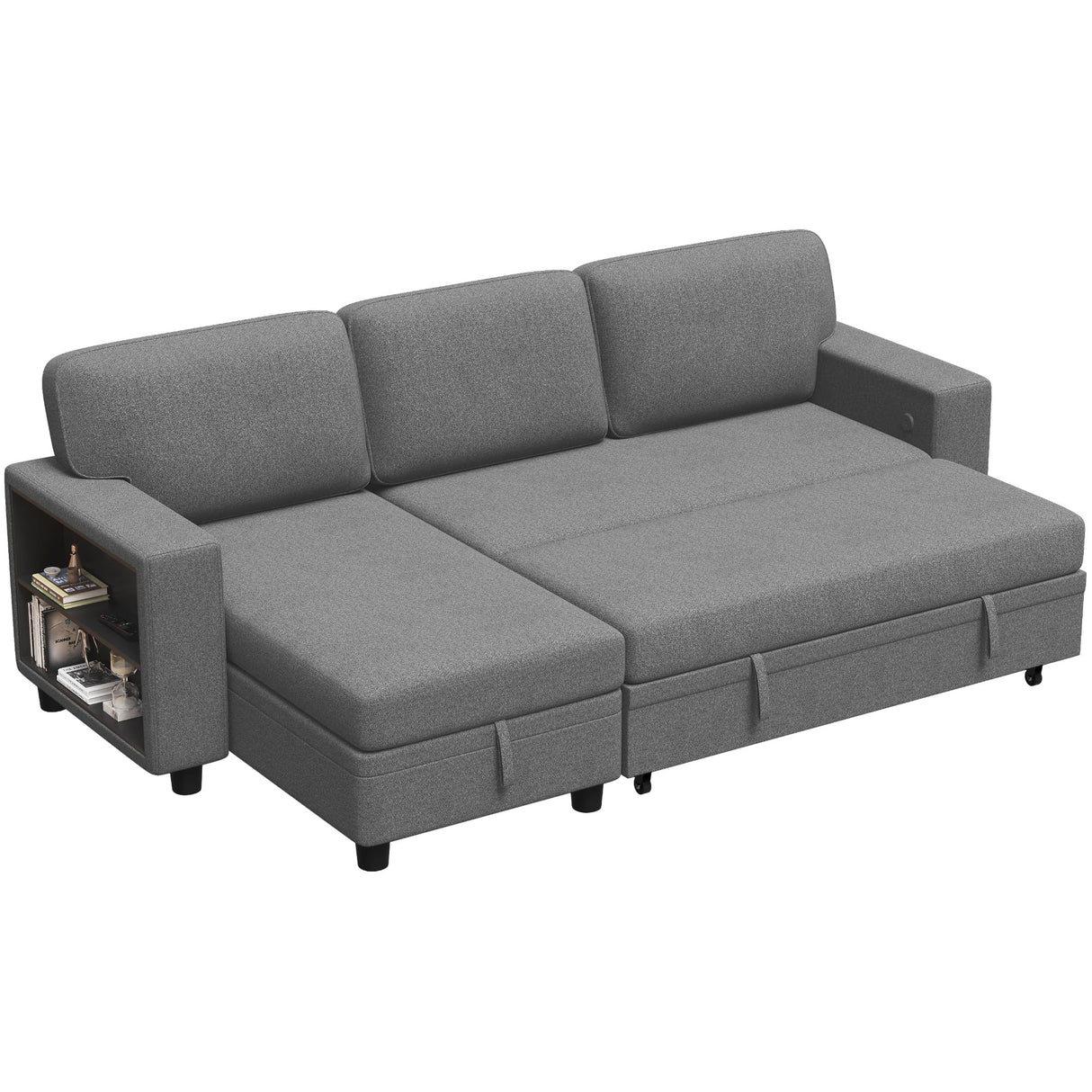 Flamaker 80" Sleeper Sofa, Pull Out Couch with Built-in Large Storage and 2 Bookshelves, Convertible Modular Sectional Sofa Bed with USB, Modern Fabric Couches for Living Room, Apartment (Grey) Flamaker
