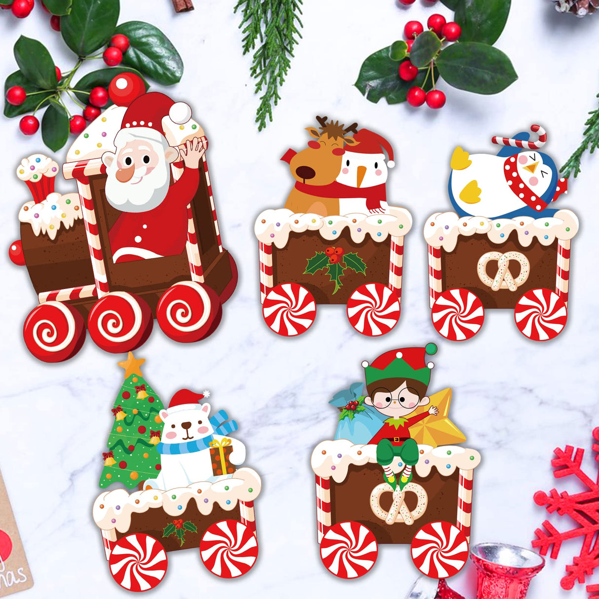 Christmas Train Decorations Yard Signs with LED Lights - Christmas Tree Santa Elf Snowman Train Set Lawn Signs with Stakes for Holiday Xmas Lawn Garden Yard Decorations Outdoor, 5 Pack OuMuaMua