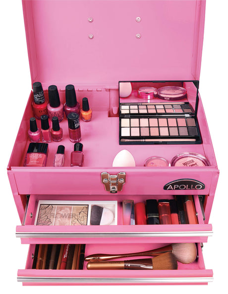 Apollo Tools 14 Inch Steel Tool Box with Deep Top Compartment and 2 Drawers in Heavy-Duty Steel With Ball Bearing Opening and Powder Coated Finish - Pink Ribbon - Pink - DT5010P Apollo