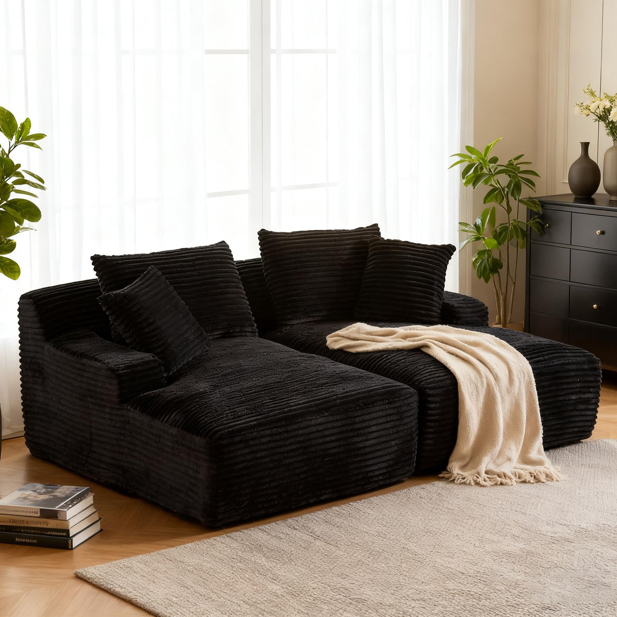 Tmsan 78.8" Oversized Double Chaise Lounge Sofa Indoor, Corduroy Boneless Couch Bed Comfy Foam Compressed Cloud Loveseat Sleeper Chair for Living Room Apartment Office Tmsan