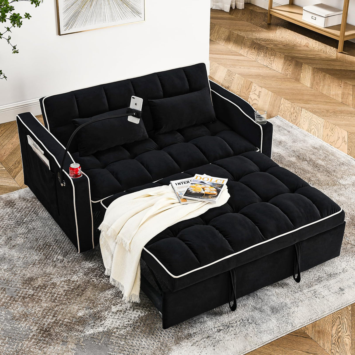 3 in 1 Sleeper Sofa Couch Bed,Velvet Convertible Loveseat Sleeper Sofa Bed,Pull Out Sofa Bed With USB Port & Ashtray and Swivel Phone Stand & Storage Pockets,Modern Sleeper Sofa for Living Room,Black WIIS' IDEA