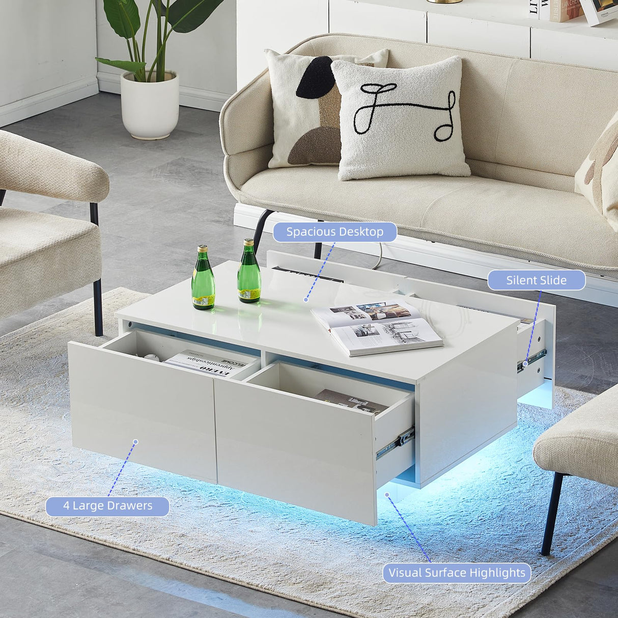 TUKAILAi Coffee Table with 4 Drawers, LED Lights & Power Strip Modern Minimalist Rectangle Coffee Table for Home Living Room Office (White) TUKAILAi