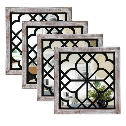 ZEXUIRU Set of 4 Wooden Rustic Square Wall Mirror Vintage Style Decorative Entry Mirror Farmhouse Wall Decoration for Living Room Bedroom Bathroom Kitchen 11.8 * 11.8inch Brown… - WoodArtSupply