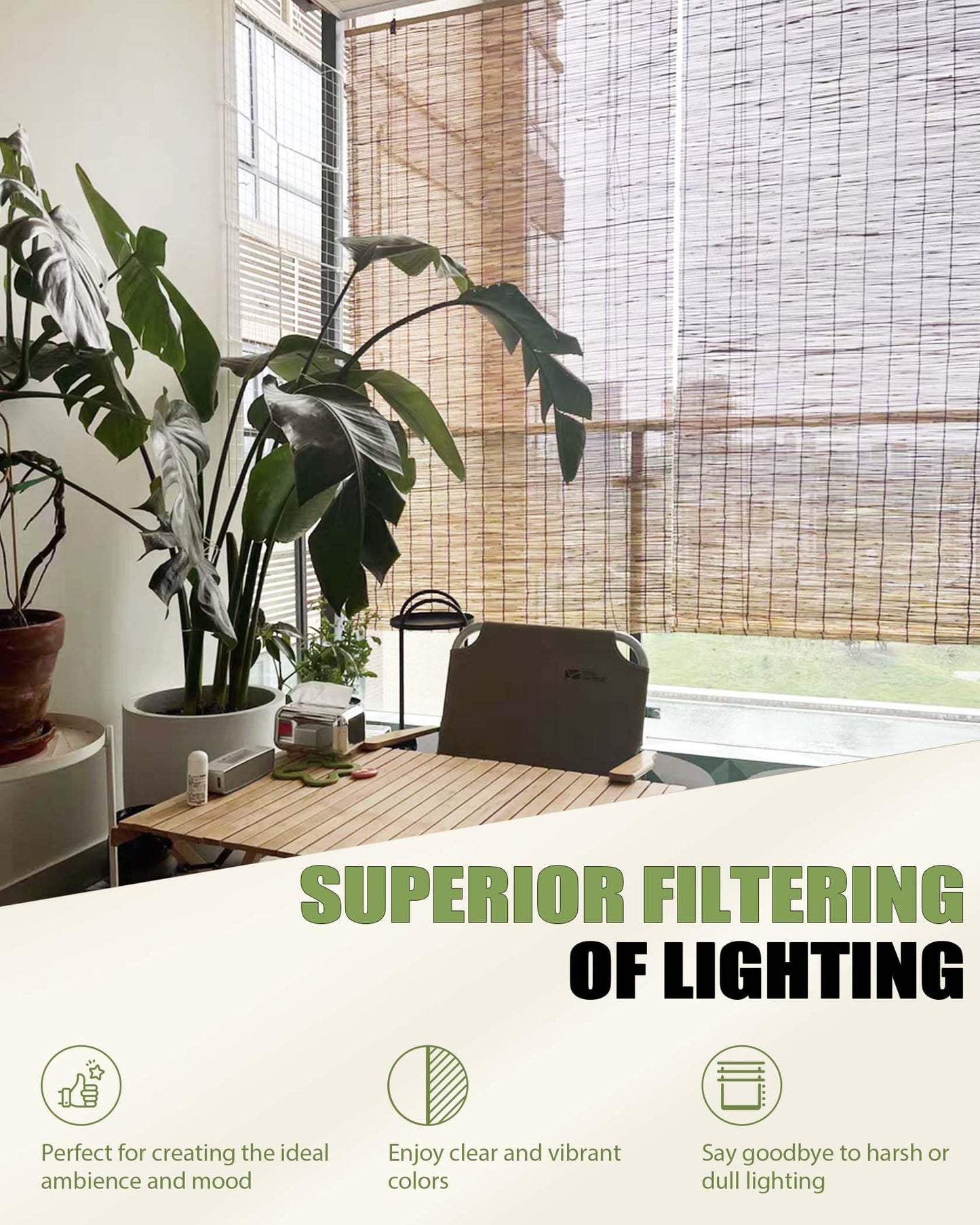 FoundGo Natural Bamboo Roller Blinds - Retro Light Filtering Shades for Windows and Doorways