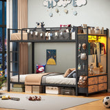 Itaar Metal Bunk Bed Twin Over Twin with Hall Tree, Power Outlet, LED Bunk Bed with 4 Storage Drawers, Bed with Safety Guardrail & Ladders, No Box Spring Needed, Easy Assembly, Rustic Brown Itaar