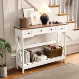 VEELOK 39.4" Farmhouse Console Table with 3 Drawers for Entryway, Rustic Entryway Table Entry Table, Sofa Table for Living Room, Hallway, Behind Couch, White and Brown VEELOK