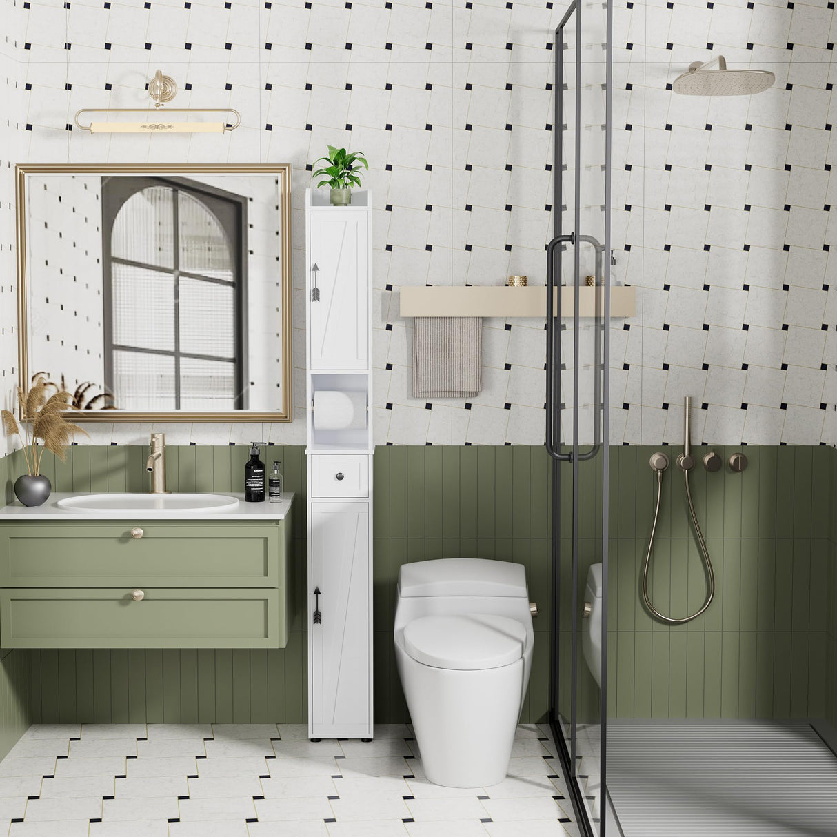 VECELO Bathroom Cabinet with Adjustable Shelf,Narrow Storage Cabinet for Small Space,Slim Cabinet 67in Tall with Metal Toilet Paper Rod Drawer,2 Magnetic Doors Farmhouse Style,Pearl White VECELO