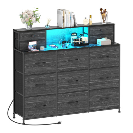 Welfuturer Black Dresser with Charging Station and LED Lights 13 Drawers Dressers for Bedroom Long Dressers & Chests of Drawers for Living Room Hallway Entryway Closets Sturdy Frame Wood Top Welfuturer