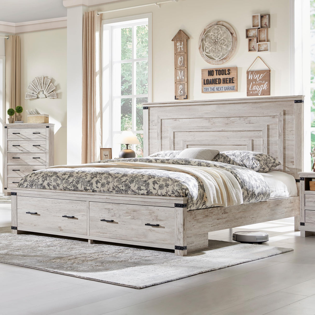 RedLemon Farmhouse King Size Bed Frame w/ 54" Tall Geometric Headboard, Rustic Wood Platform Bed w/ 2 Large Storage Drawers, Wood Slats Support, Noise Free, No Box Spring Needed, Antique Brush White RedLemon