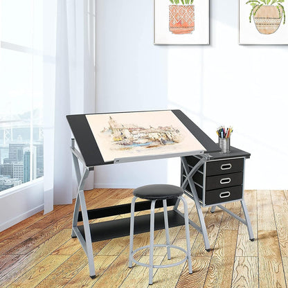 BBBuy Drafting Table Drawing Desk Art Craft Adjustable Tabletop Craft Table w/ 3 Slide Drawers and Stool Set Art Design Workstation for Writing, Painting, Sketching for Home Office, Black