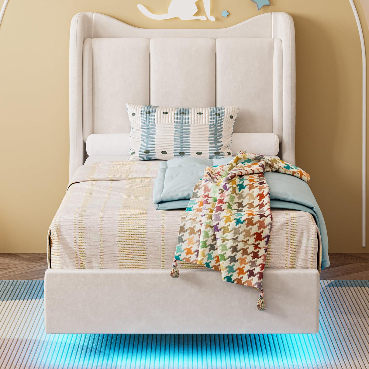 LIKIMIO Twin Bed Frame with Headboard, Velvet Upholstered Platform Bed with LED Light, Solid Wood Slats Support, No Box Spring Needed, Cream LIKIMIO