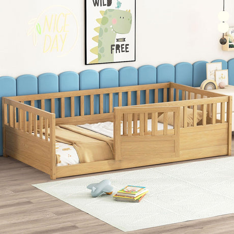 Twin Floor Bed with Slats, Twin Size Floor Bed with High Fence and Door, Montessori Floor Bed Twin Size, No Box Spring Needed, Easy Assemble Floor Bed, Wood Montessori Bed Twin Size(Natural Twin) Bellemave
