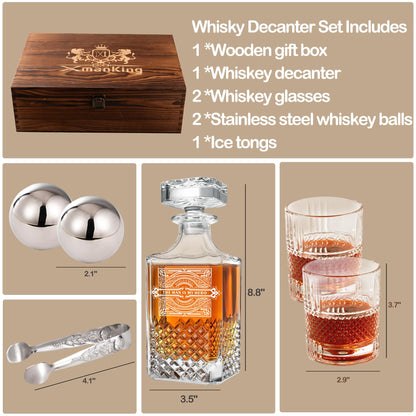 XmanKing Whiskey Decanter, Decanter Sets for Men, Whiskey Glasses, Stainless Steel Whiskey Stones and Tongs with Wooden Gift Box, Father's Day Gifts for Dad, Retirement Birthday Gifts for Men