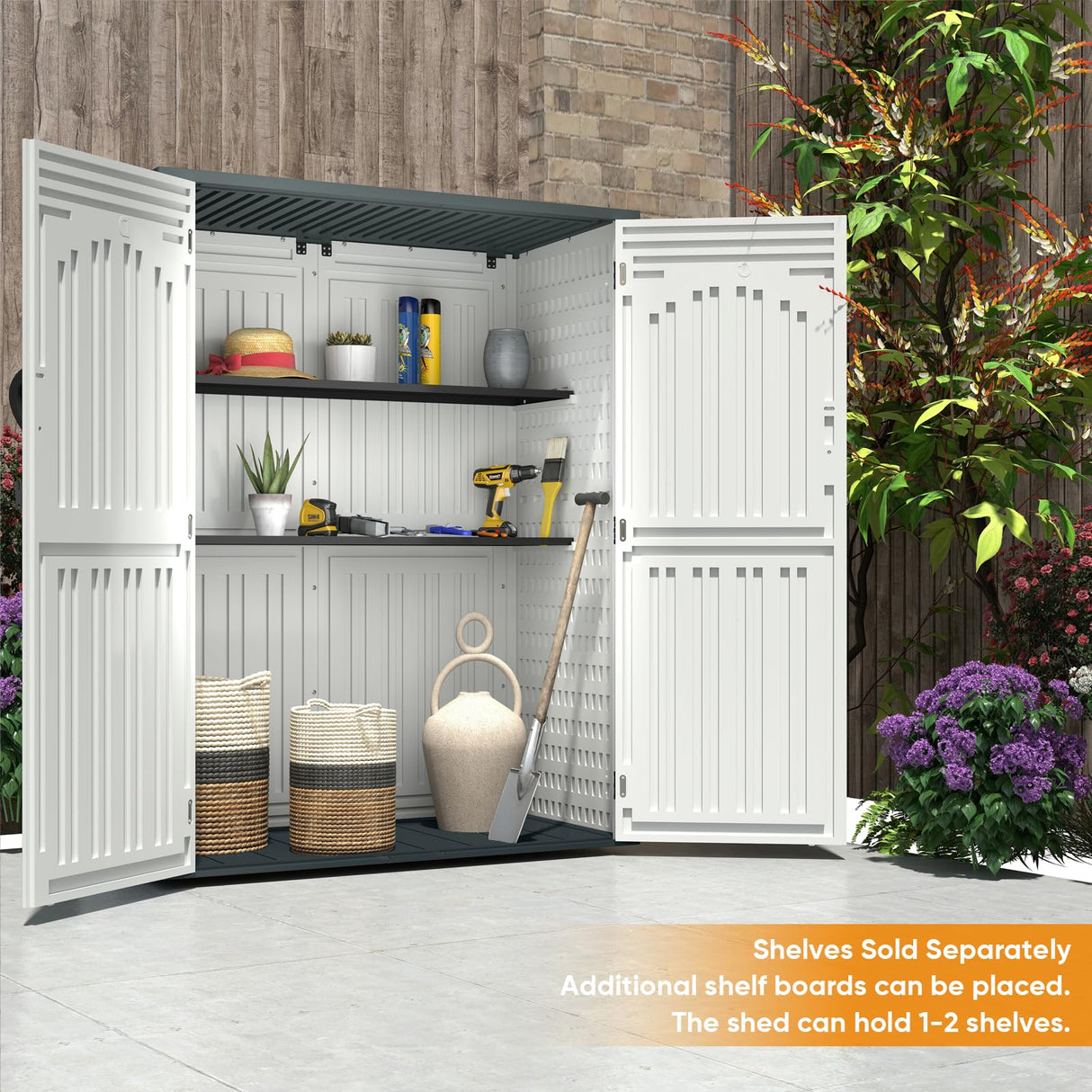 ZYJOYY 4.5 x 5.7 FT Outdoor Storage Shed, 59 Cuft Outside Waterproof Storage Cabinet, HDPE Resin Plastic 385 Gallon Outdoor Storage Container, Vertical Lockable Storage Shed, Light Grey ZYJOYY