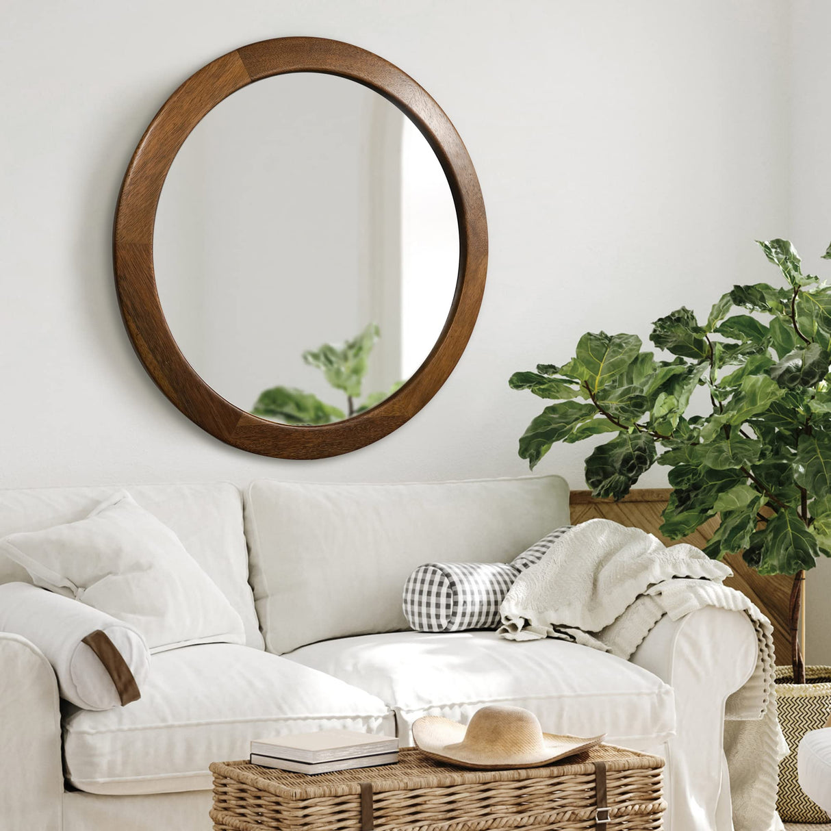 CULER Round Mirrors 30 Inch,Wood Vanity Wall Rustic Mirror with Walnut Frame, Wooden Mirror for Bathroom Bedroom Living Room Or Entryway(Walnut Brown) CULER