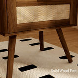 JOONEE Rattan Nightstand with Charging Station,Farmhouse Bedside Table with 2 Storage Drawer and Open Wood Shelf, for Bedroom and Small Spaces,Night Stand with Solid Wood Legs (Walnut Brown-Outlet) JOONEE