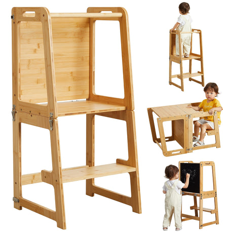 4-in-1 Standing Tower for Toddlers and Kids 1-6 Years, Bamboo Kitchen Learning Helper Stool with Chalkboard, Desk Table, and Chair (Natural) Onirw