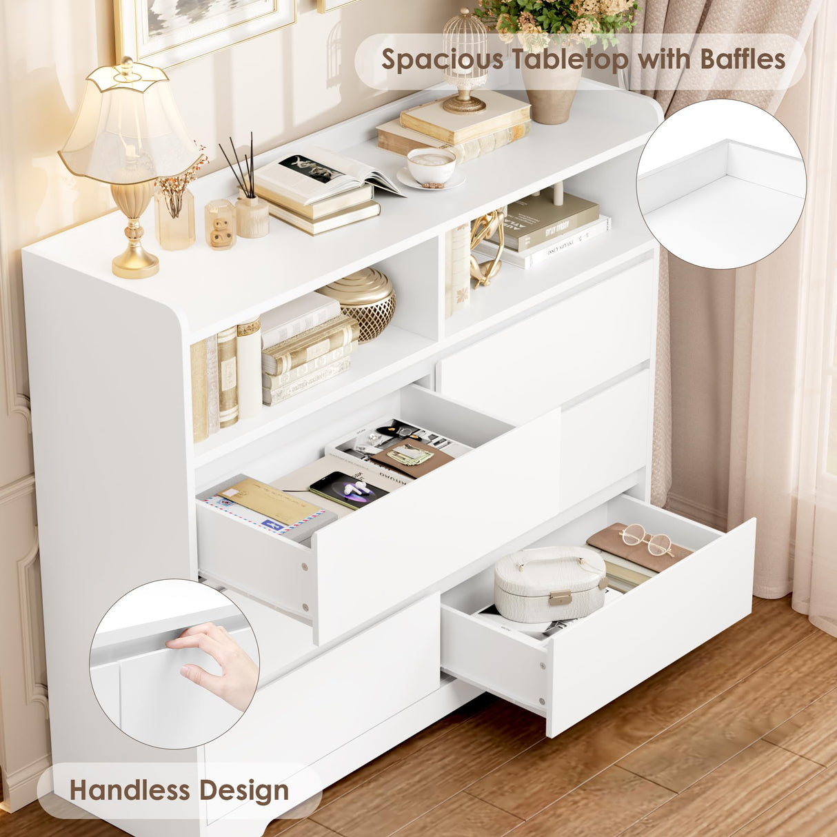 FOTOSOK White Dresser, 47.2" White Modern Chest of Drawers with 2 Open Cabinets, Handless Design Dresser with 6 Drawers, Wood Dressers Storage Drawers for Home & Office FOTOSOK