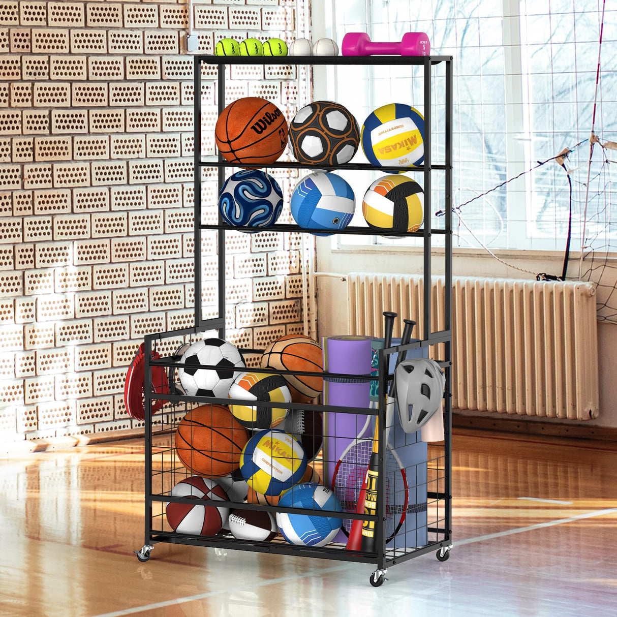Luplom Sports Equipment Organizer Garage Ball Storage Rack for Sports Gear and Toys, Basketball Holder Stand with Basket and Hooks Rolling Ball Carts with Wheels for Indoor/Outdoor Use, Black Luplom