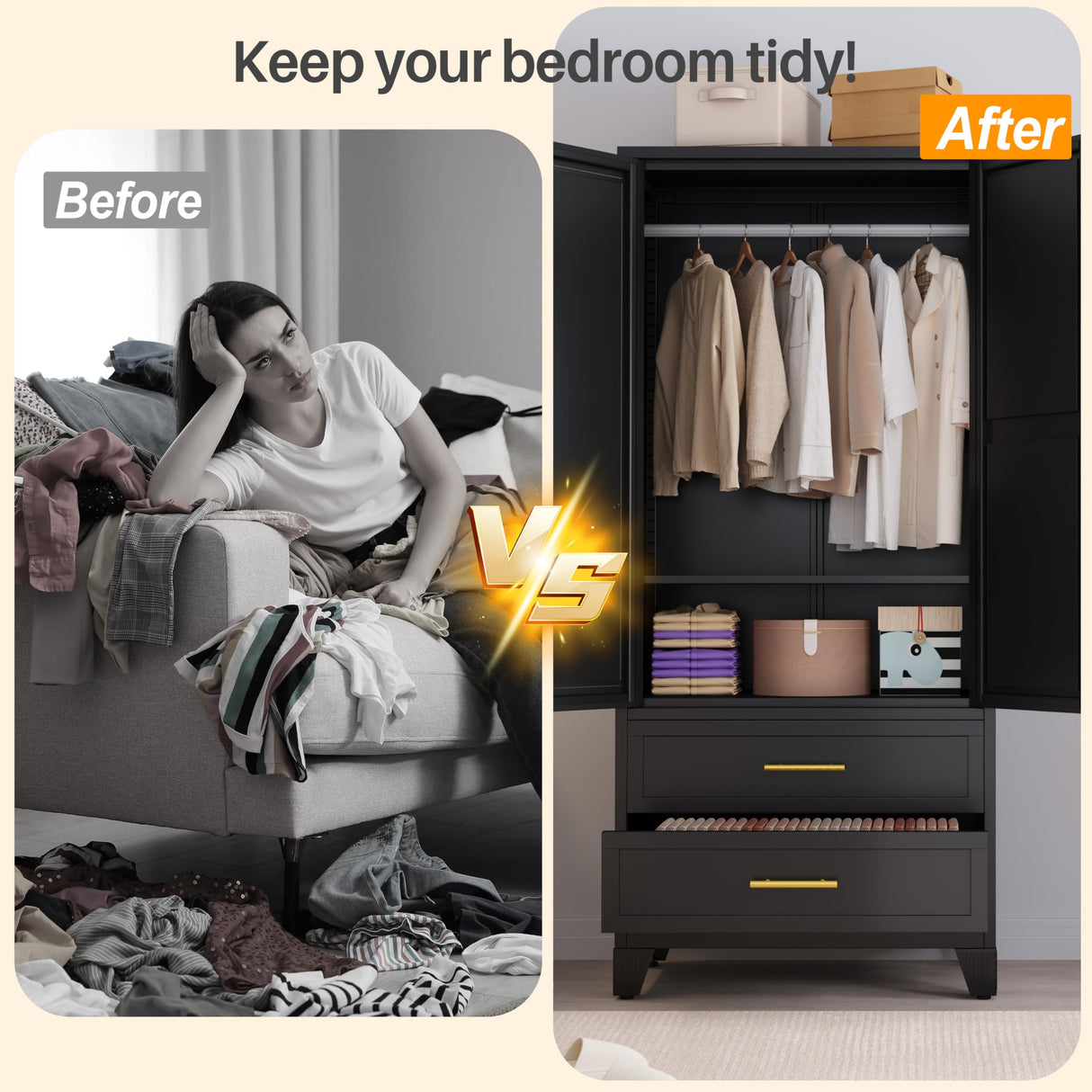 RIETERN Metal Armoire Wardrobe Closet, 71" Tall Bedroom Closet with Mirror, 2 Drawers, Adjustable Shelves, and Hanging Rod, Steel Clothes Closets and Storage, for Bedroom Black RISTERN