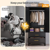 RIETERN Metal Armoire Wardrobe Closet, 71" Tall Bedroom Closet with Mirror, 2 Drawers, Adjustable Shelves, and Hanging Rod, Steel Clothes Closets and Storage, for Bedroom Black RISTERN