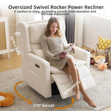 Rhevoy Oversized Swivel Rocker Recliner Chair, 26" Extra Wide Glider Nursery Chair with Adjustable Headrest, Chenille Power Recliner Rocking with Double Cushion, Cup Holder, White Rhevoy