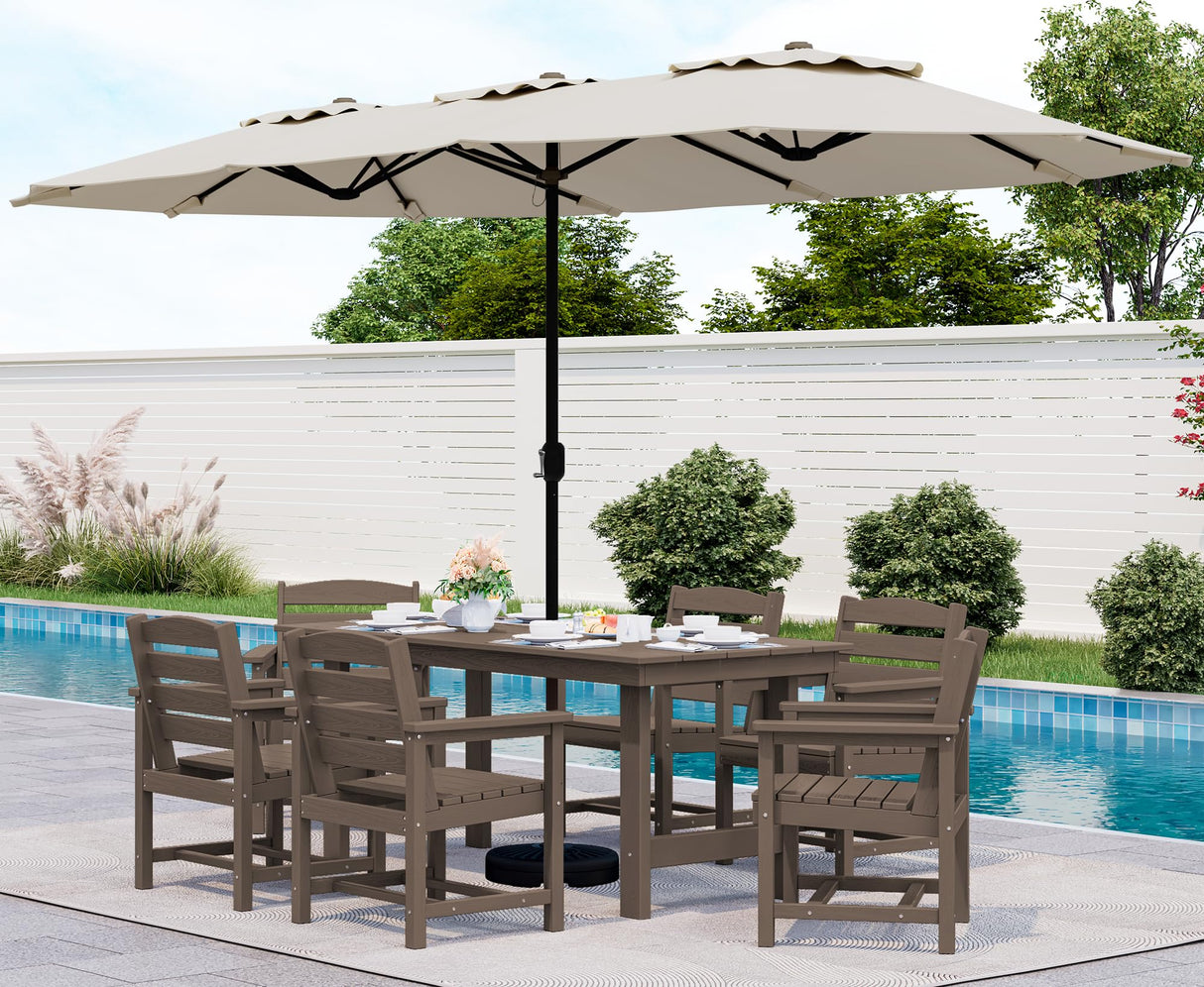 SERWALL 8-Piece Patio Dining Sets with 15FT Double Side Patio Umbrella, Outdoor HDPE Dining Furniture Set with Umbrella Hole Cut-Out Table and 6 Chairs, Coffee（Umbreall Base not Included） SERWALL