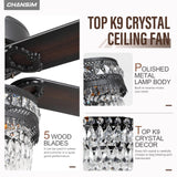 Crystal Chandelier Ceiling Fan with 3-Light, Farmhouse Fandelier with Remote - Silent DC Motor, K9-Crystal, Wood Blades, 3-Speed and Timing, Energy-Efficient Ceiling Fans for Living Room (52" Black) Chansim