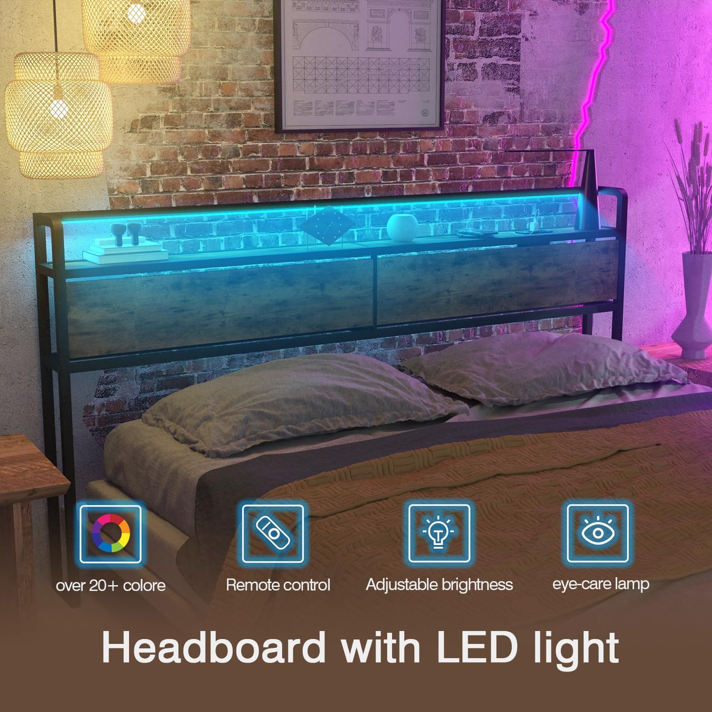 Curotunk Retro LED King Size Headboard with Storage and USB Charging - WoodArtSupply