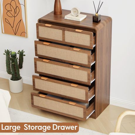 RUSTYER 43" Tall Dresser for Bedroom, 5 Drawer Mid Century Modern Dresser with Natural Linen, Curved Wood Chest of Drawers Closet Clothes Storage Organizer for Living Room, Hallway (Walnut) RUSTYER