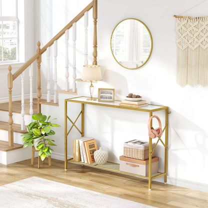 Gewudraw Gold Console Table, 2 Tier Narrow Entryway Table with Shelves and Hooks, Couch Table Behind Sofa, Entrance Table with Golden Frame for Entryway, Hallway, Foyer - WoodArtSupply