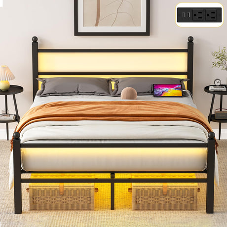 Gohapnis Full Size Bed Frame with Headboard and Footboard,Black Metal Platform Bed Frames with LED Lights and USB Charging Station,Heavy Duty Metal Slats,No Box Spring Needed,Sturdy&Noise Free Gohapnis