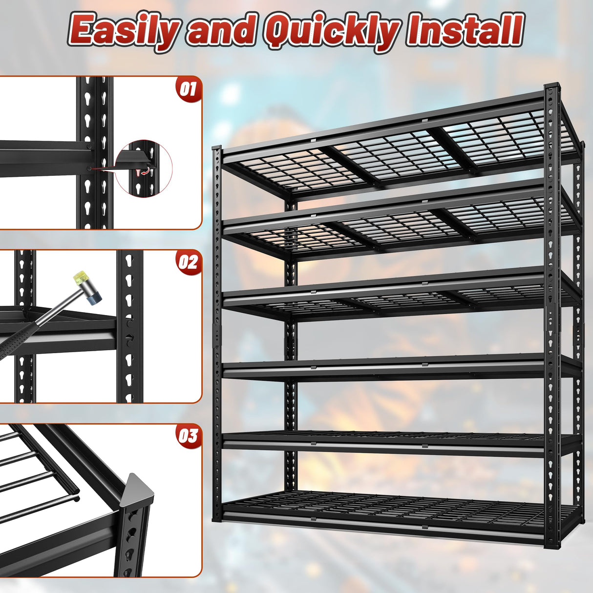 REIBII 48" W Garage Shelving 3600LBS Heavy Duty Storage Shelves, Adjustable 6 Tier Metal Shelves for Storage Rack Industrial Shelving, Garage Storage Shelf Unit, 48" W x 24" D x 78" H REIBII