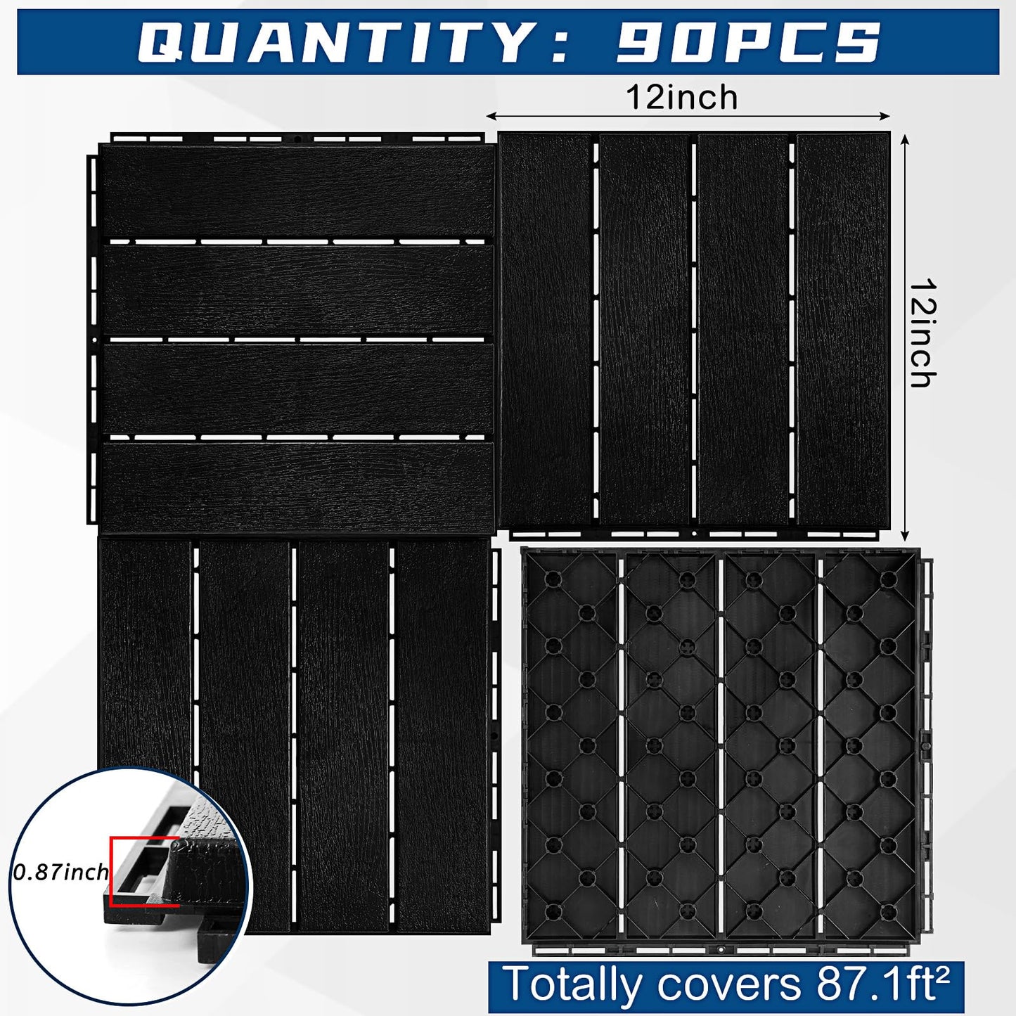 Treela 90 Pcs Plastic Interlocking Deck Tiles 12 x 12 Inch Patio Deck Tiles Waterproof Outdoor Flooring Composite Decking Boards Floor Decking Tiles for Porch Poolside Balcony Backyard (Black)