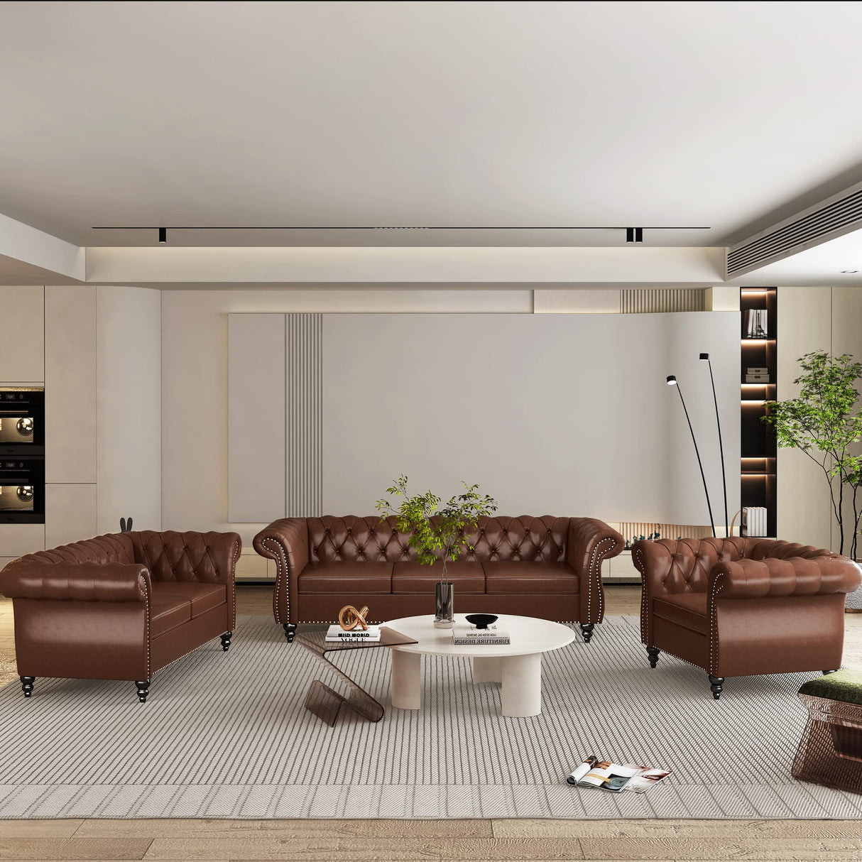 3 Piece Living Room Set, Chesterfield Leather Sofa Loveseat Couch Chair with Scroll Arms and Nailhead for Living Room, Office (Dark Brown) ORRD