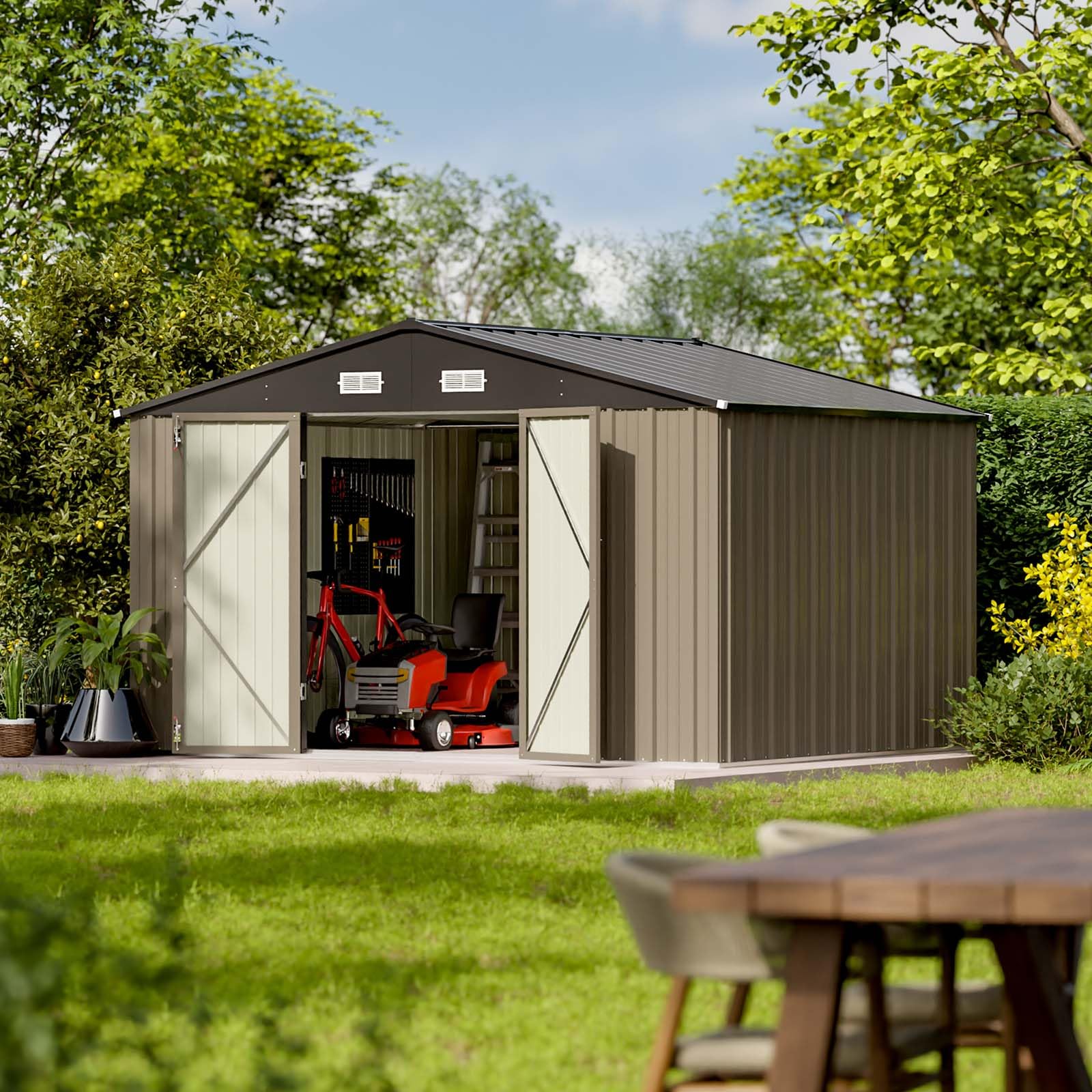 Patiowell 10 x 8 FT Outdoor Storage Shed, Large Garden Tool Metal Shed with Sloping Roof and Double Lockable Door, Outdoor Shed for Backyard Garden Patio Lawn, Brown - WoodArtSupply