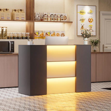 PAKASEPT Modern Reception Desk with LED Lights, 63 Inches Front Counter Table with Lockable Drawer & Shelves, Checkout Counter for Reception Room, Lobby, Beauty Salon, Retail, Office(Black) PAKASEPT