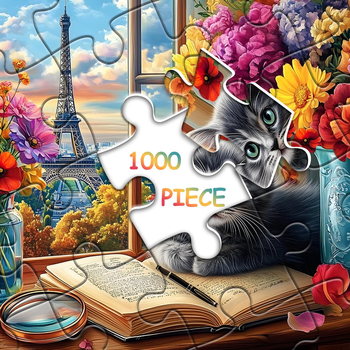 PICKFORU Cat Puzzles for Adults 1000 Pieces, Kitty Flower Book Puzzle，Eiffel Tower Kitten Jigsaw Puzzle Scenic, Animals Floral Jigsaw Puzzles for Adults PICKFORU