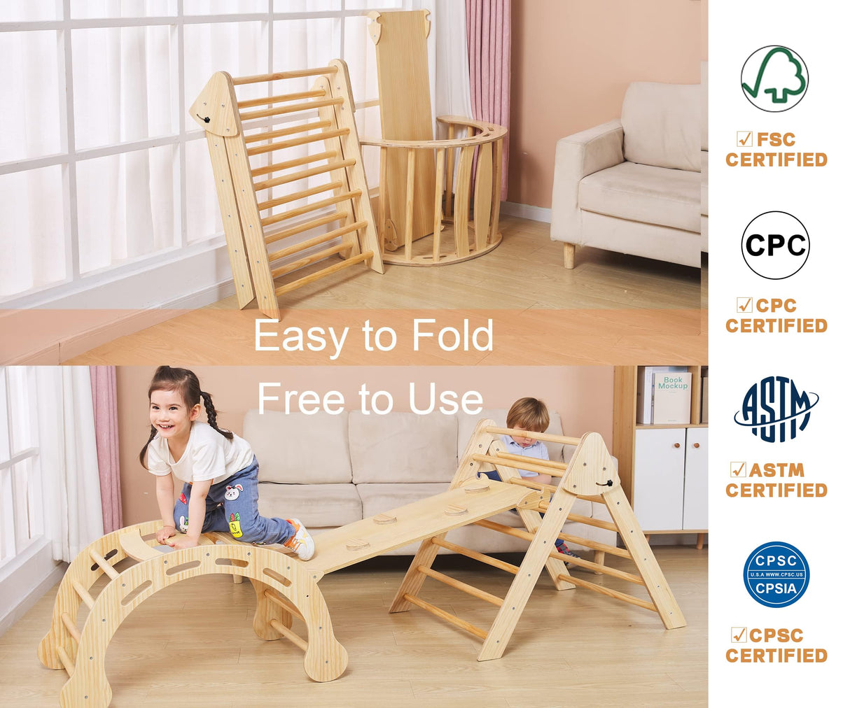 FANABAS Large 8 in 1 Pikler Triangle Set, Montessori Climbing Toys for Toddlers 1-7 Years Kids Jungle Gym Outdoor and Indoor Playground, Foldable Triangle Climber,Arch,Rocker [Big 33LB!] FANABAS