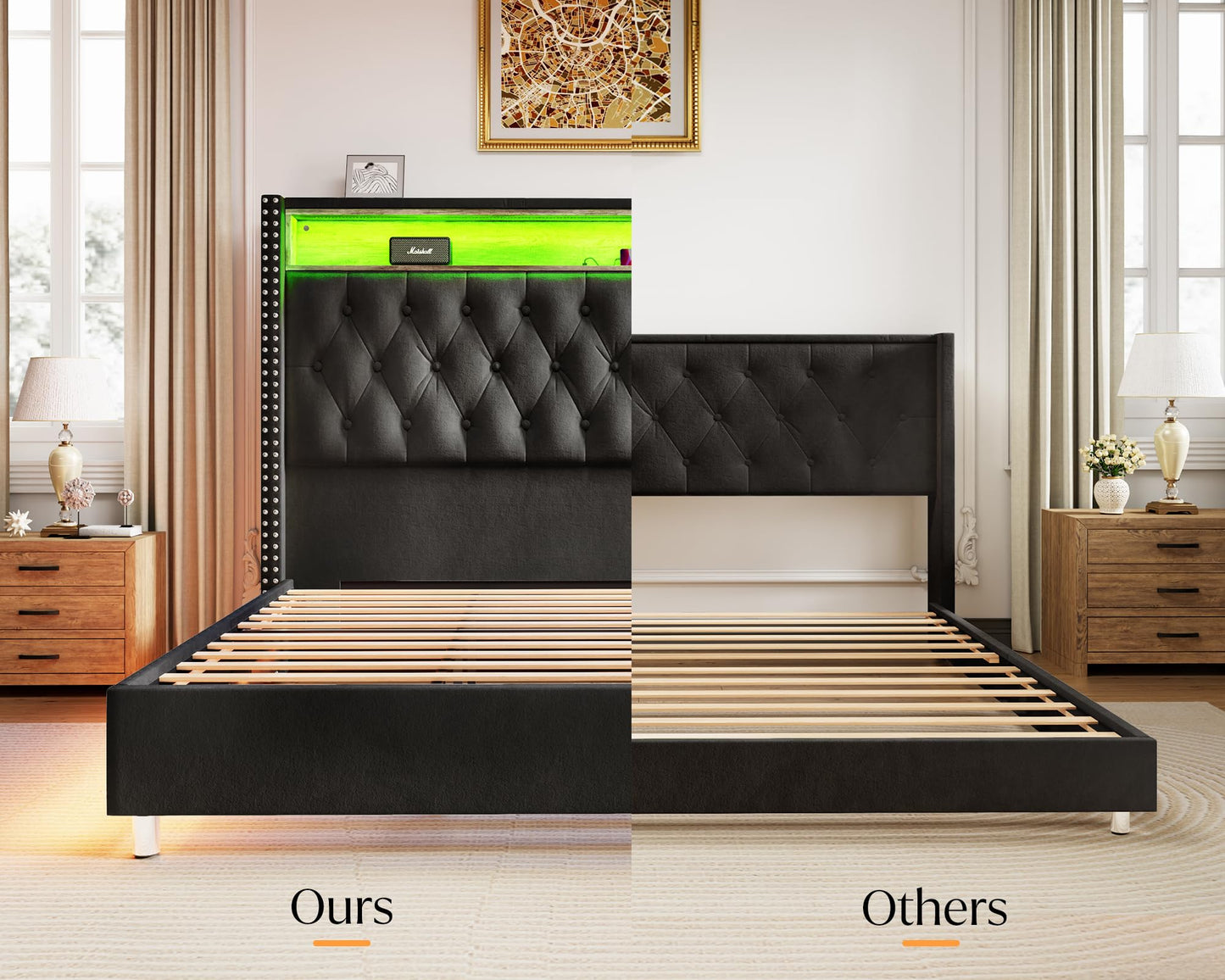 Jocisland LED Bed Frame with Velvet Upholstery and Charging Station, King Size - WoodArtSupply