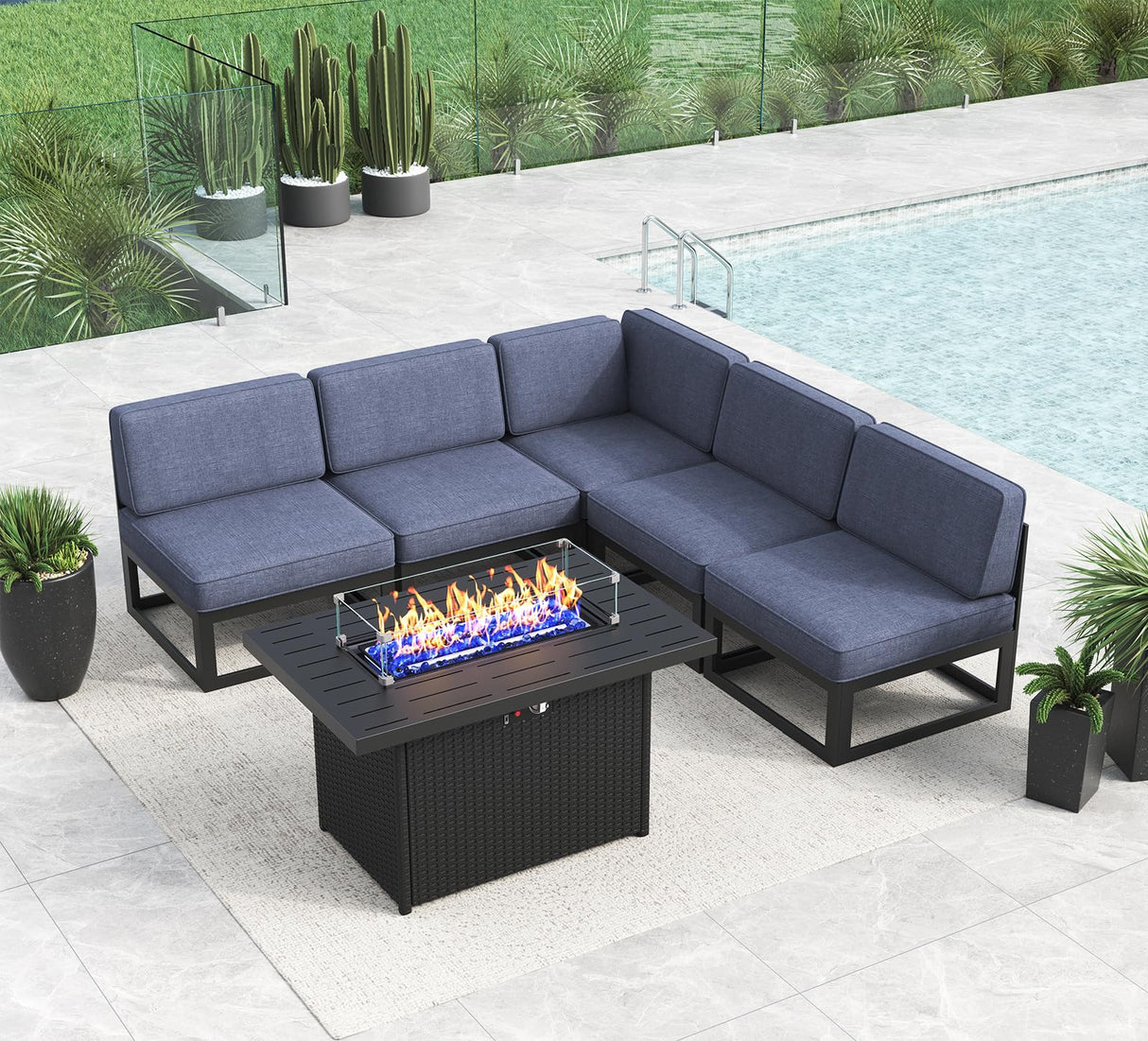 LayinSun Large Aluminum Patio Furniture Set with Fire Pit Table, 6 Pieces Modern Outdoor Conversation Set Sectional Metal Sofa Set with Olefin Cushion LayinSun